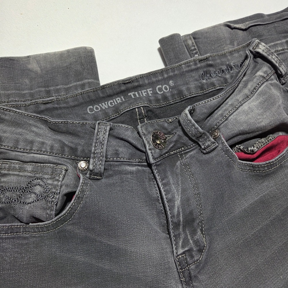 Cowgirl Tuff Co Charcoal Gray Bootcut Flare Western Jeans W27 L33 Embroidered - Picture 3 of 8